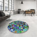 Round Machine Washable Transitional Blue Rug in a Office, wshpat1521