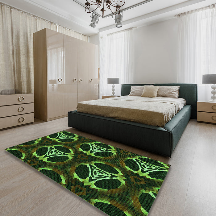 Patterned Dark Lime Green Rug in a Bedroom, pat1526grn