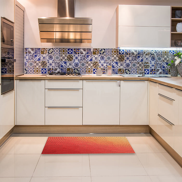 Patterned Neon Orange Rug in a Kitchen, pat1528org