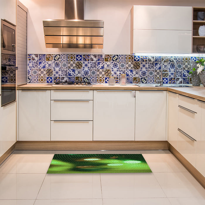 Patterned Dark Forest Green Rug in a Kitchen, pat153grn