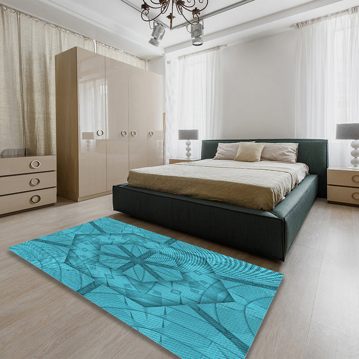 Patterned Bright Turquoise Blue Rug in a Bedroom, pat1535lblu