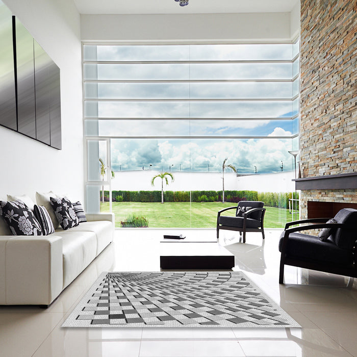 Square Patterned Gray Novelty Rug in a Living Room, pat1540