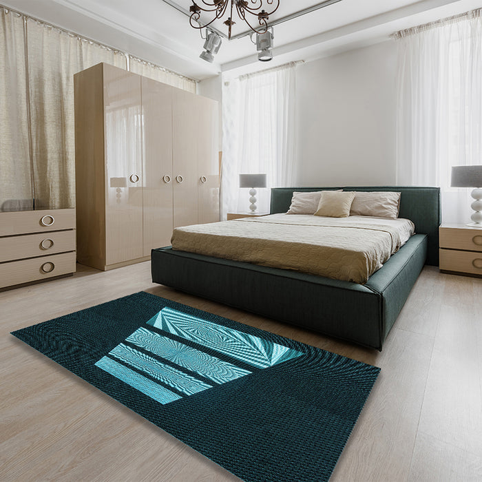 Patterned Black Rug in a Bedroom, pat1545lblu