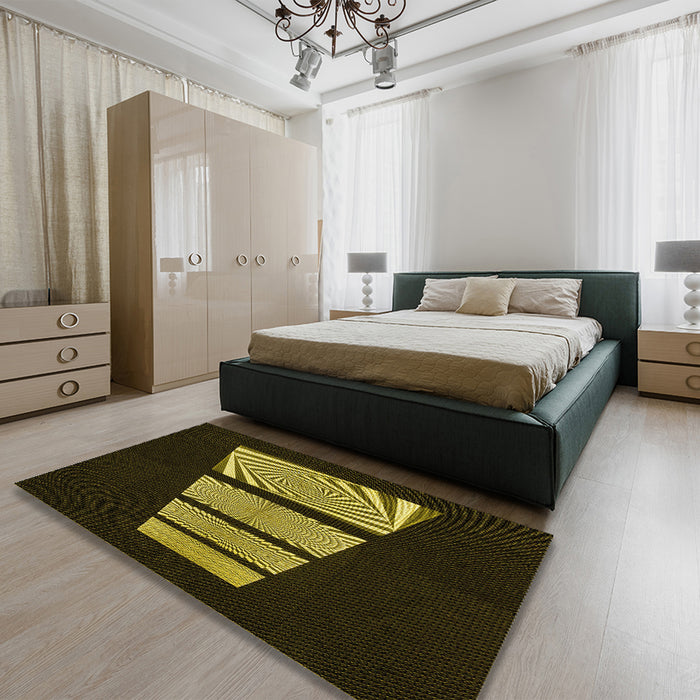 Patterned Dark Yellow Green Rug in a Bedroom, pat1545yw