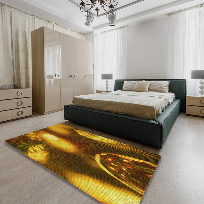 Patterned Red Brown Rug in a Bedroom, pat155yw