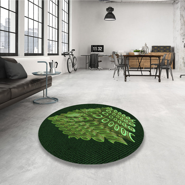 Round Patterned Dark Lime Green Rug in a Office, pat1550grn