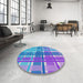 Round Machine Washable Transitional Diamond Blue Rug in a Office, wshpat1553