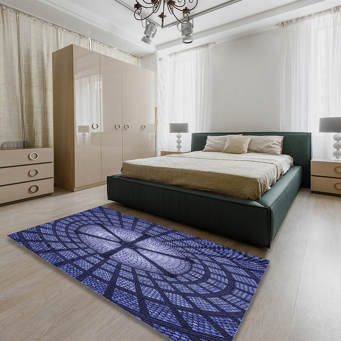 Round Machine Washable Transitional Midnight Blue Rug in a Office, wshpat1562blu