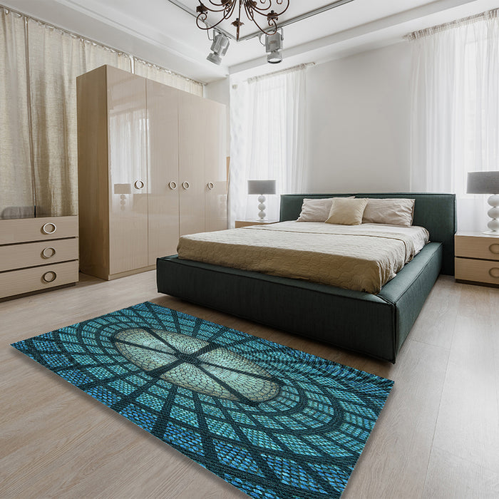 Patterned Deep Teal Green Rug in a Bedroom, pat1562lblu