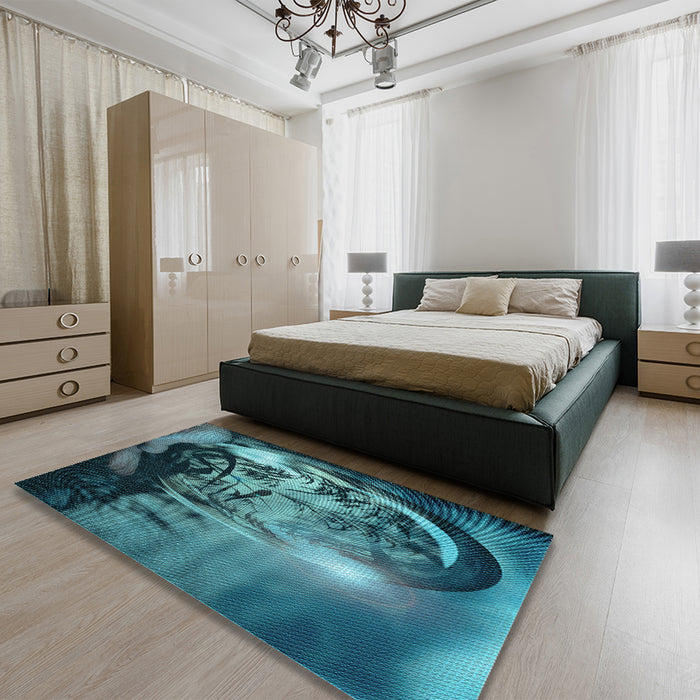 Round Machine Washable Transitional Medium Teal Green Rug in a Office, wshpat1563lblu