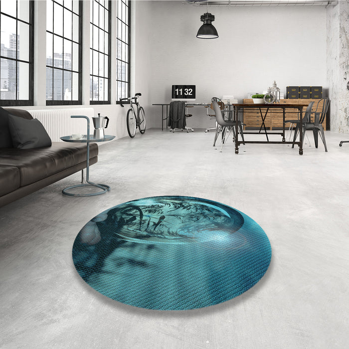 Round Patterned Medium Teal Green Rug in a Office, pat1563lblu