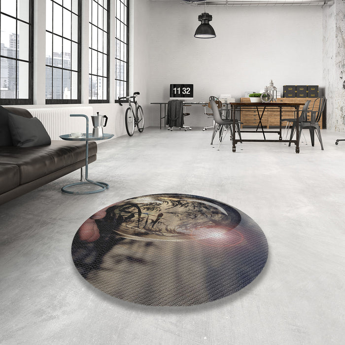 Round Machine Washable Transitional Charcoal Black Rug in a Office, wshpat1563