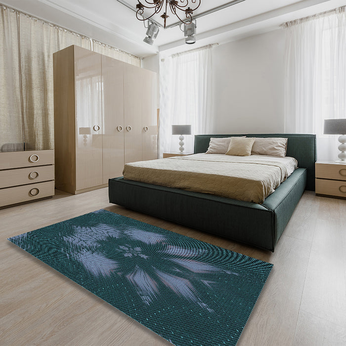 Patterned Deep Teal Green Rug in a Bedroom, pat1564lblu