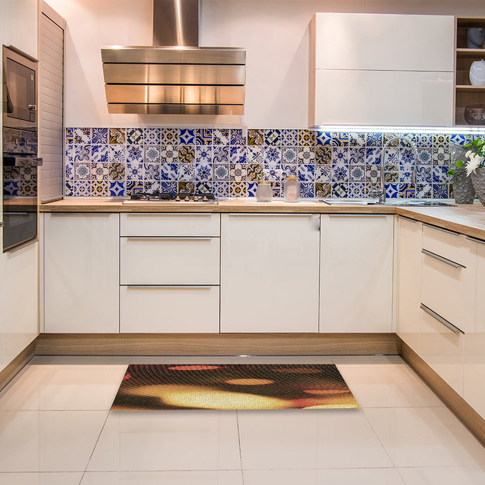 Patterned Red Rug in a Kitchen, pat157brn