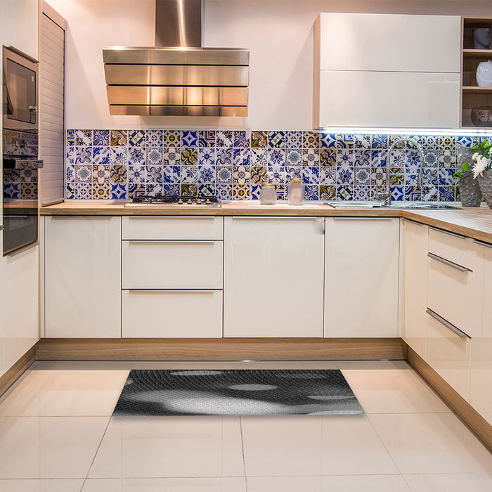 Patterned Charcoal Black Rug in a Kitchen, pat157gry