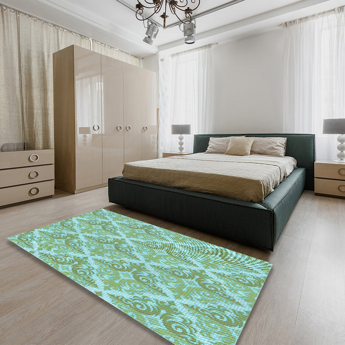 Patterned Aquamarine Green Rug in a Bedroom, pat1573lblu