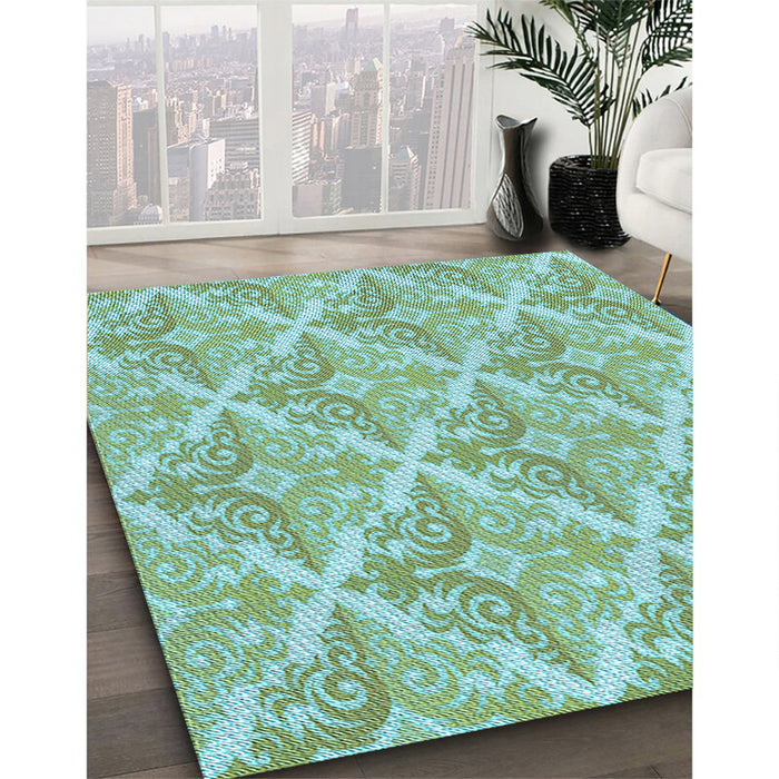 Patterned Aquamarine Green Rug in Family Room, pat1573lblu