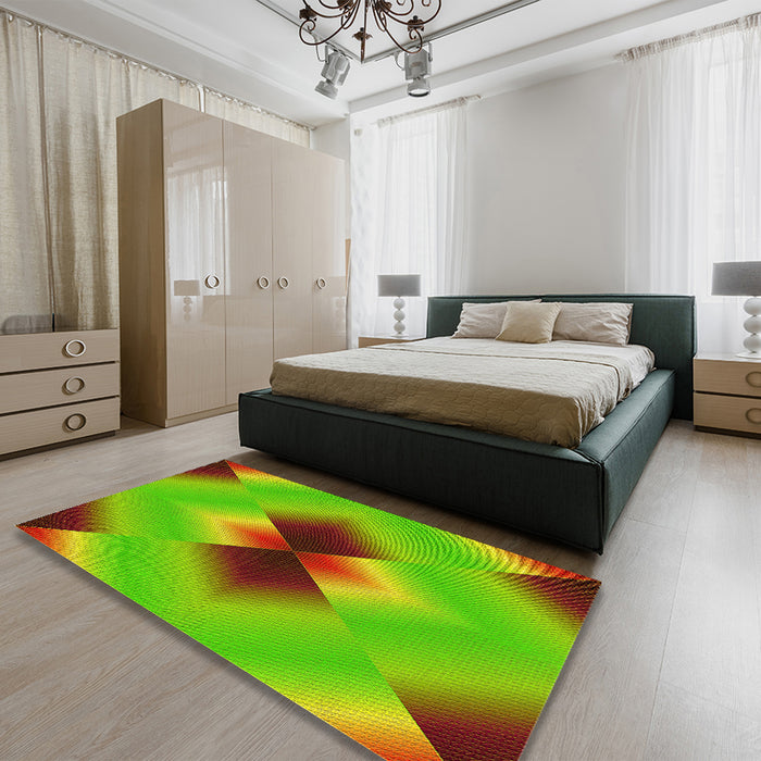 Patterned Bright Green Rug in a Bedroom, pat1586yw