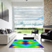 Square Machine Washable Transitional Neon Green Rug in a Living Room, wshpat1586