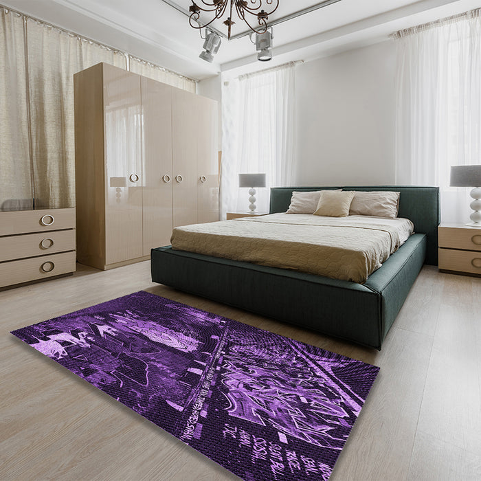 Patterned Deep Purple Rug in a Bedroom, pat1595pur