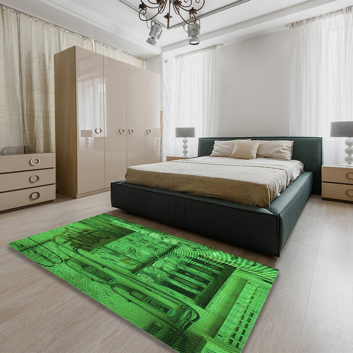 Patterned Green Rug in a Bedroom, pat1596grn
