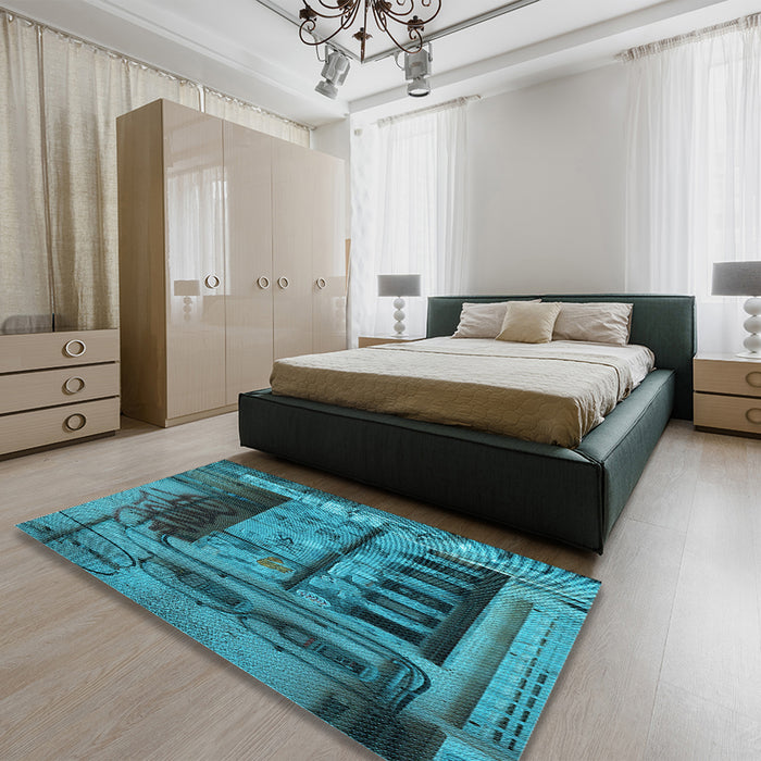Patterned Dark Turquoise Green Rug in a Bedroom, pat1596lblu