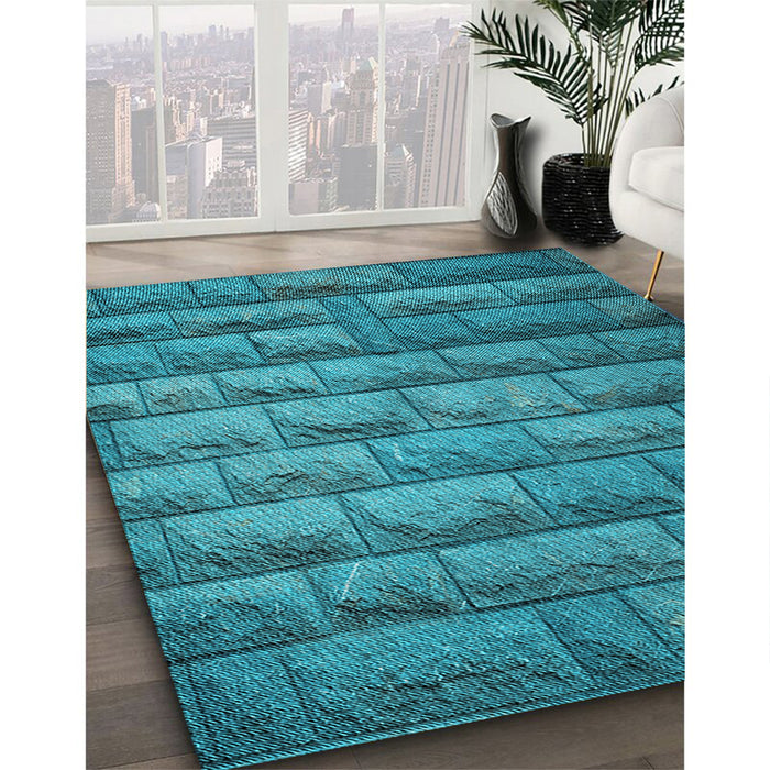Patterned Dark Turquoise Green Rug in Family Room, pat1597lblu