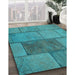 Patterned Dark Cyan Green Rug in Family Room, pat1598lblu