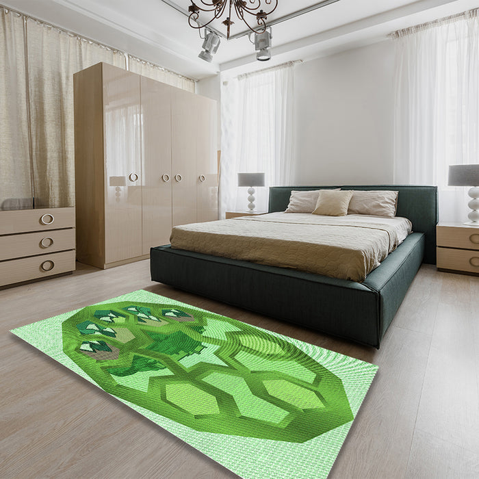 Patterned Dark Lime Green Rug in a Bedroom, pat1613grn