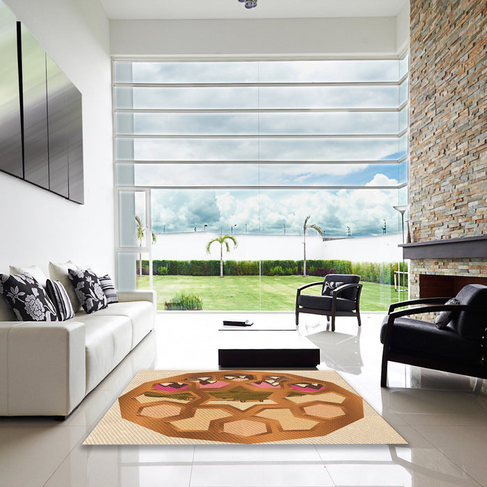 Square Patterned Mahogany Brown Rug in a Living Room, pat1613org