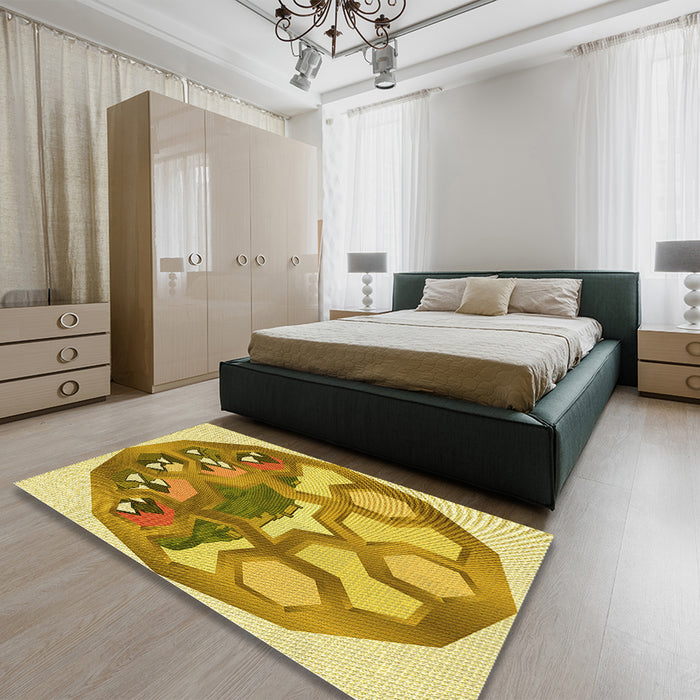 Round Machine Washable Transitional Bold Yellow Rug in a Office, wshpat1613yw