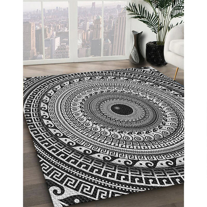 Patterned Charcoal Black Rug in Family Room, pat1614gry