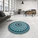 Round Patterned Deep Teal Green Rug in a Office, pat1614lblu