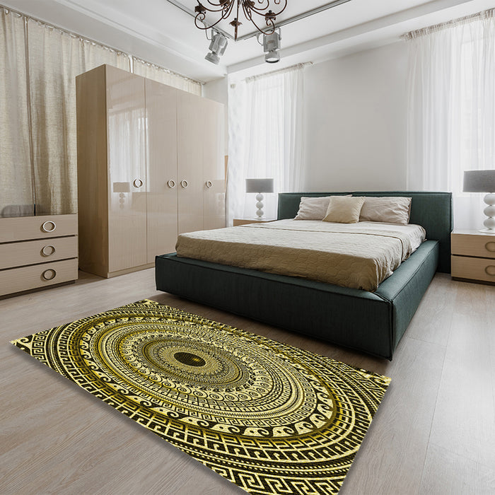 Round Machine Washable Transitional Black Brown Rug in a Office, wshpat1615yw