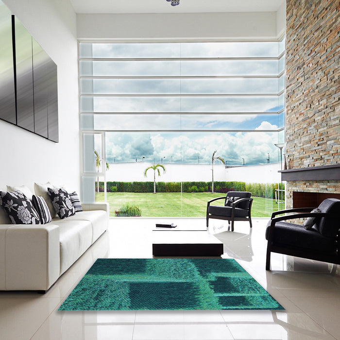 Square Patterned Medium Teal Green Rug in a Living Room, pat1624lblu