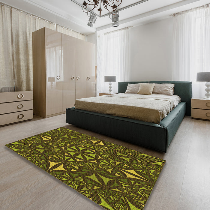 Patterned Dark Yellow Green Rug in a Bedroom, pat1625org
