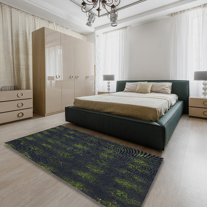 Patterned Black Abstract Machine Washable Rug in a Bedroom, wshpat1629