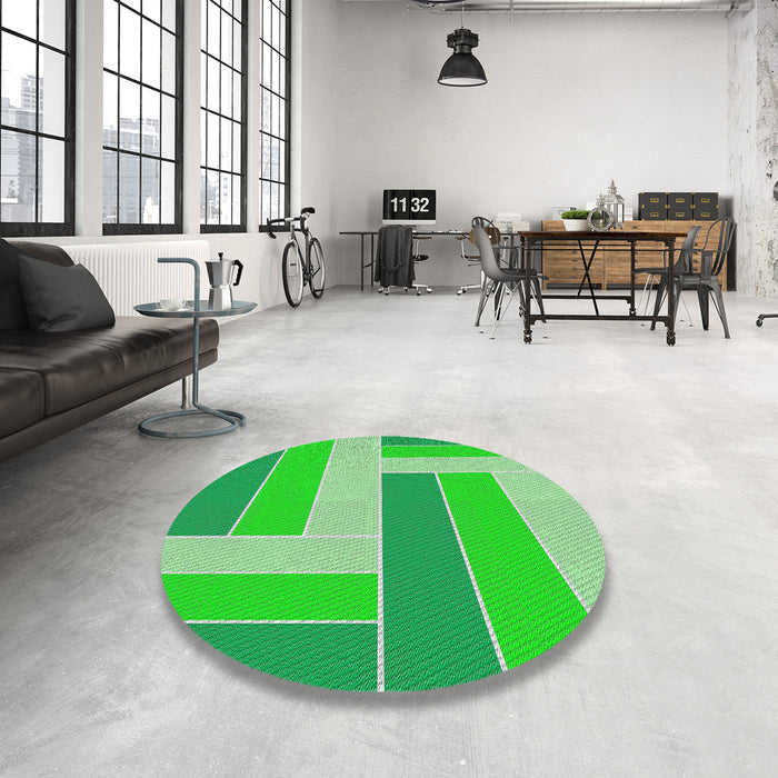 Round Patterned Neon Green Abstract Machine Washable Rug in a Office, wshpat1630