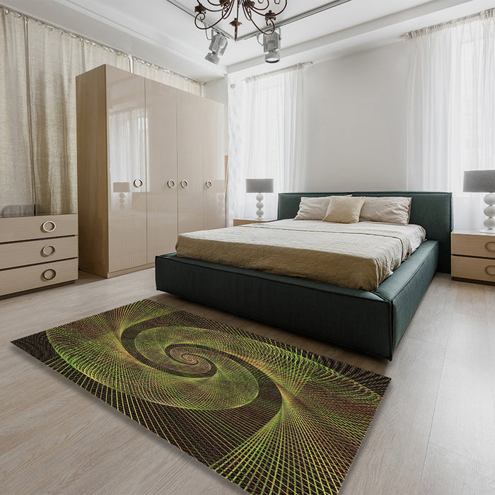 Patterned Dark Yellow Green Rug in a Bedroom, pat1639brn