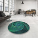 Round Patterned Deep Teal Green Rug in a Office, pat1639lblu