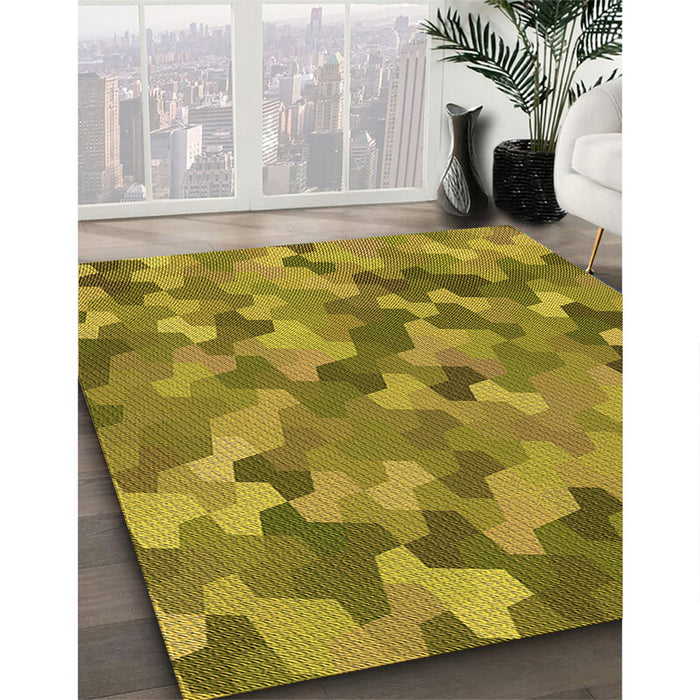 Patterned Dark Yellow Green Rug in Family Room, pat1645org