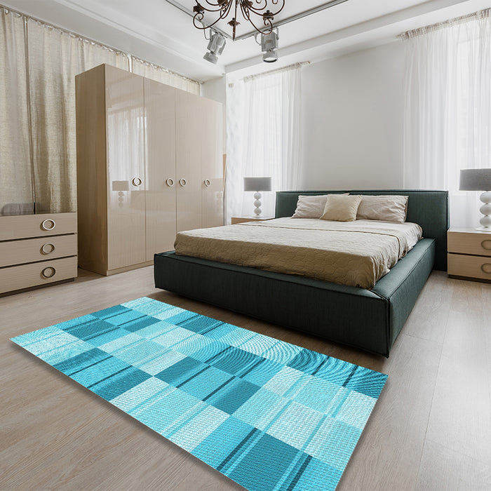 Patterned Dark Turquoise Green Rug in a Bedroom, pat1649lblu