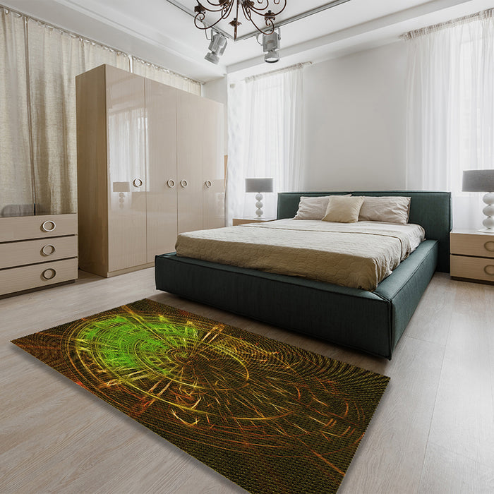 Patterned Black Brown Rug in a Bedroom, pat165yw