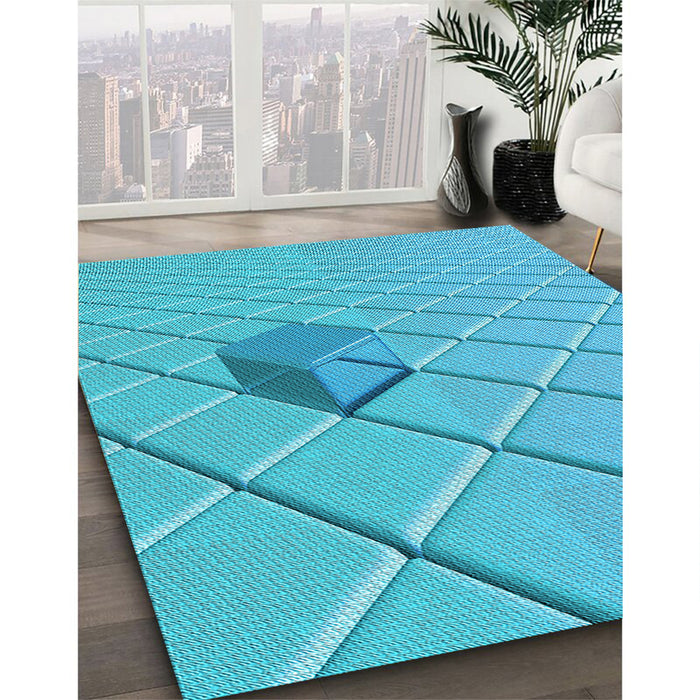 Machine Washable Transitional Bright Cyan Blue Rug in a Family Room, wshpat1655lblu