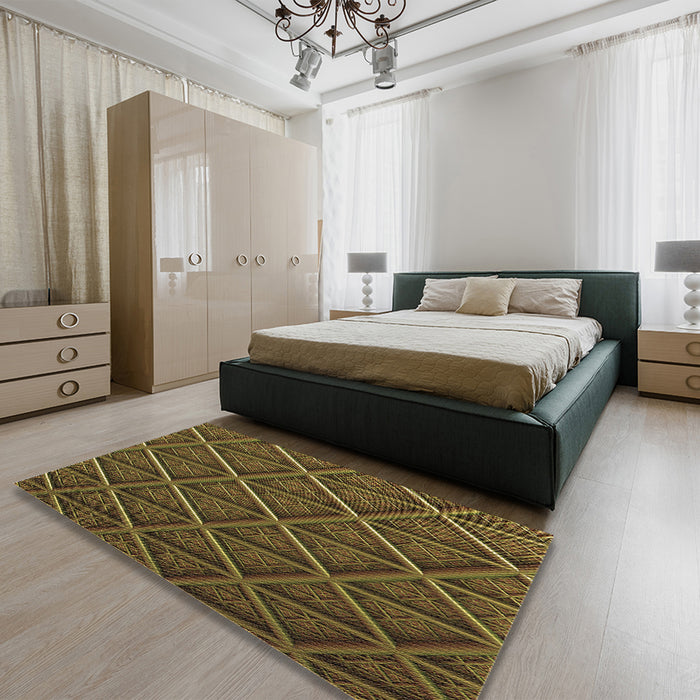 Patterned Dark Yellow Green Rug in a Bedroom, pat1659brn