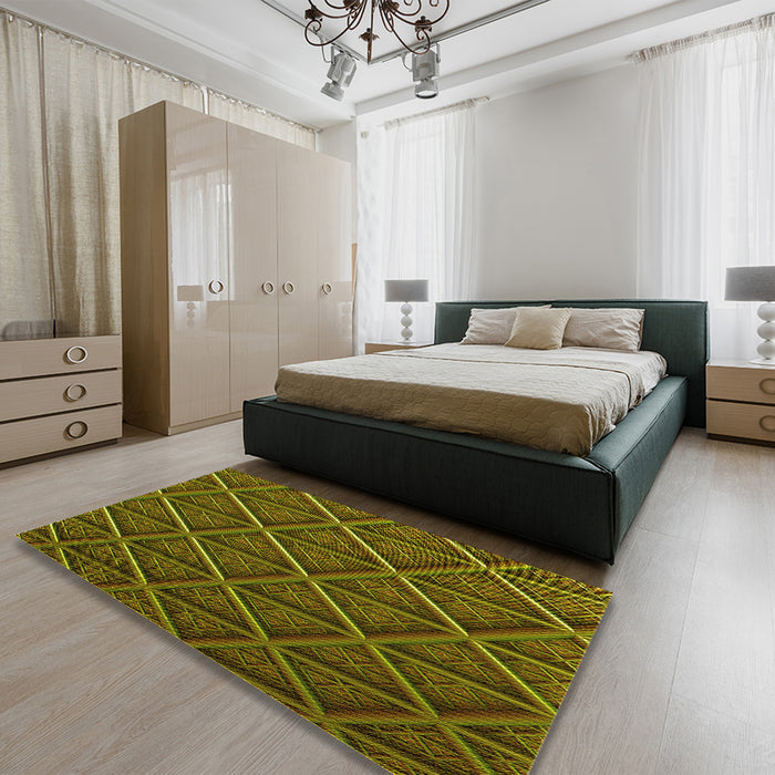 Patterned Dark Yellow Green Rug in a Bedroom, pat1659yw