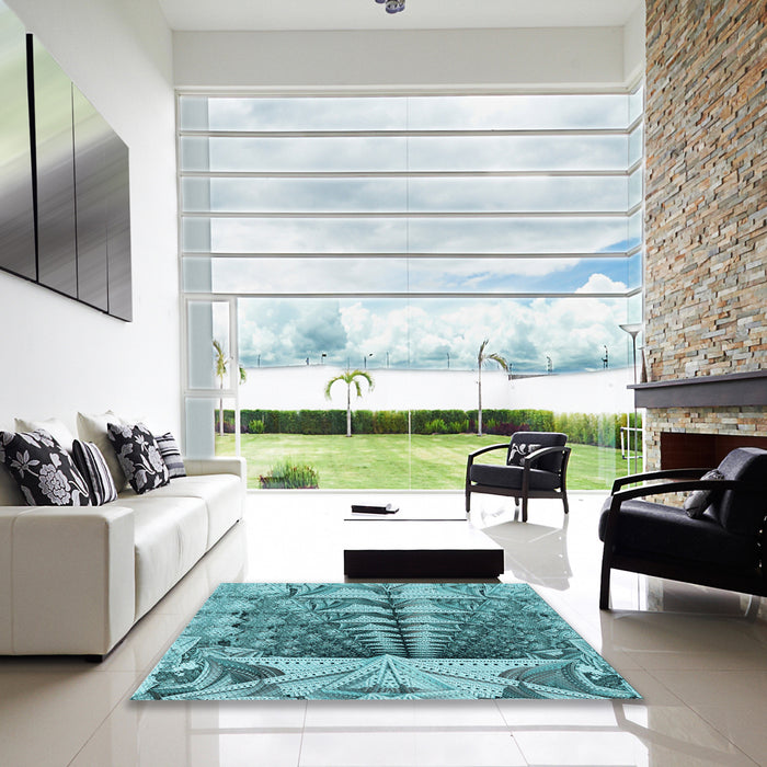 Square Patterned Teal Green Rug in a Living Room, pat1661lblu