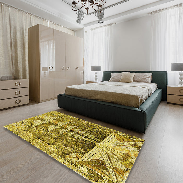 Patterned Dark Bronze Brown Rug in a Bedroom, pat1661yw