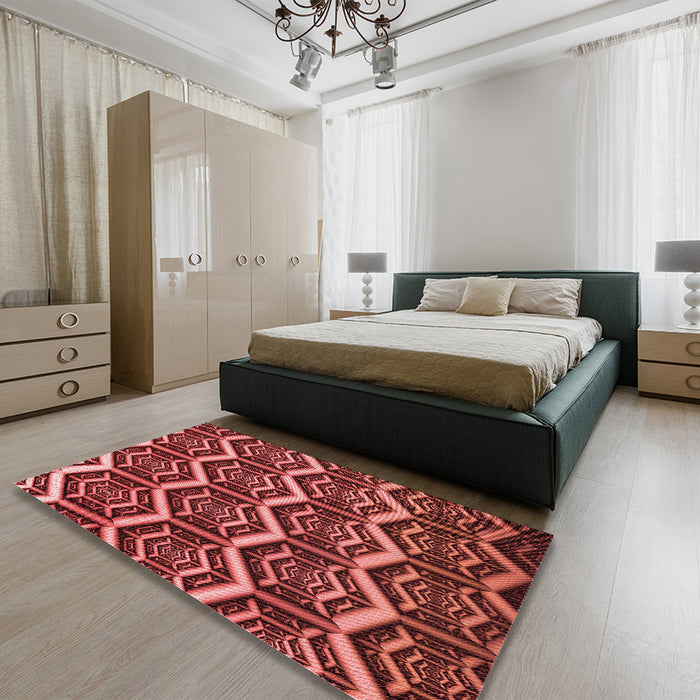 Patterned Dark Red Rug in a Bedroom, pat1662rd