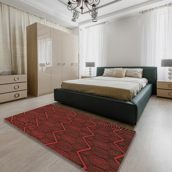 Patterned Crimson Red Rug in a Bedroom, pat1663brn